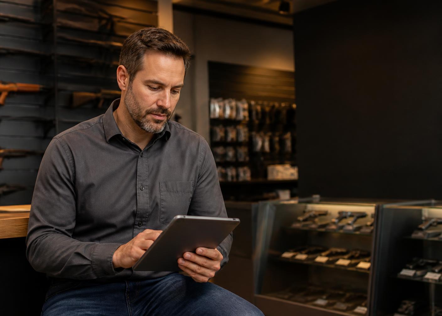 Firearm business owner reviewing performance on a tablet inside his store