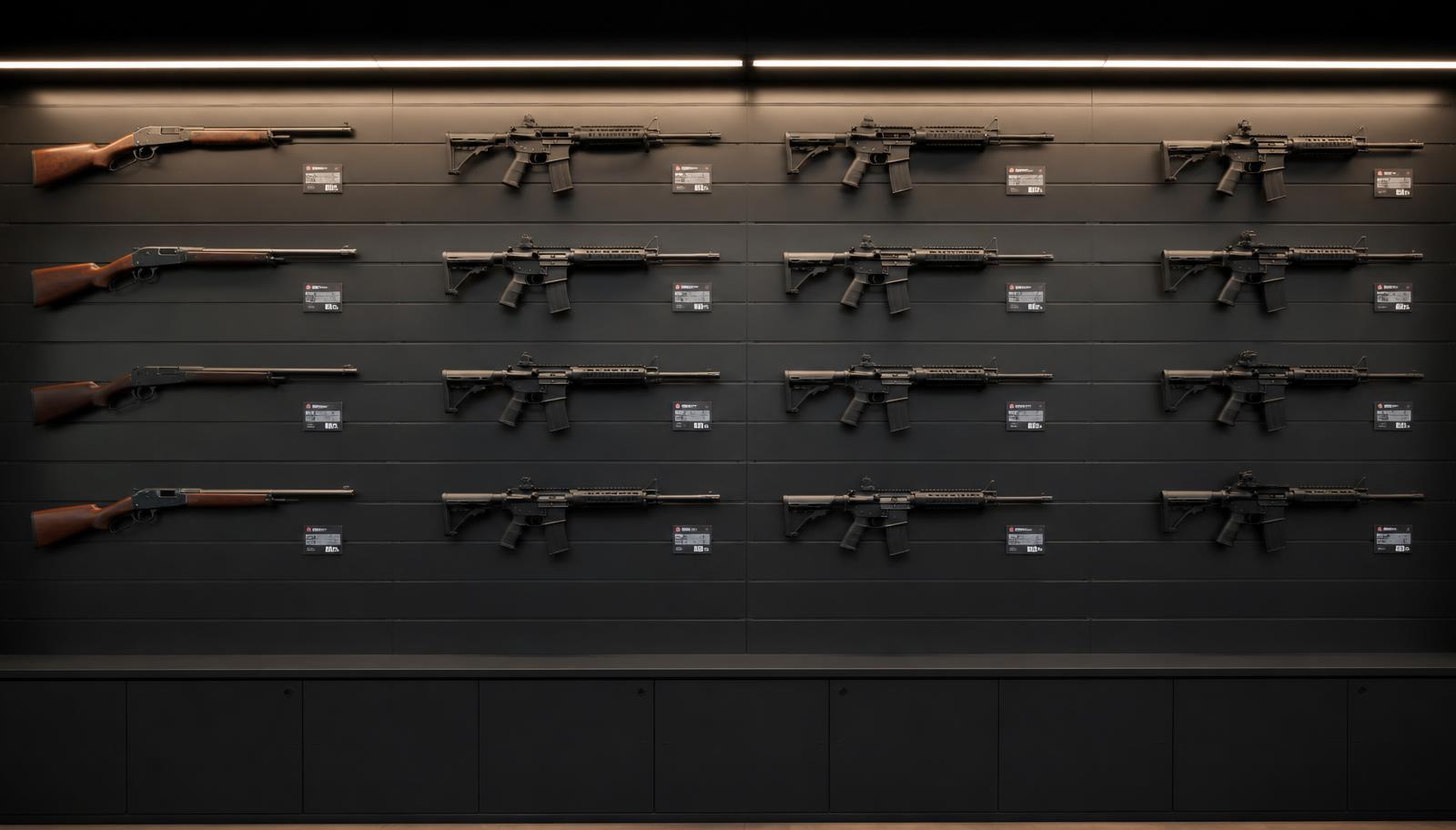 Modern firearm retail display wall with conceptual inventory and channel status overlays
