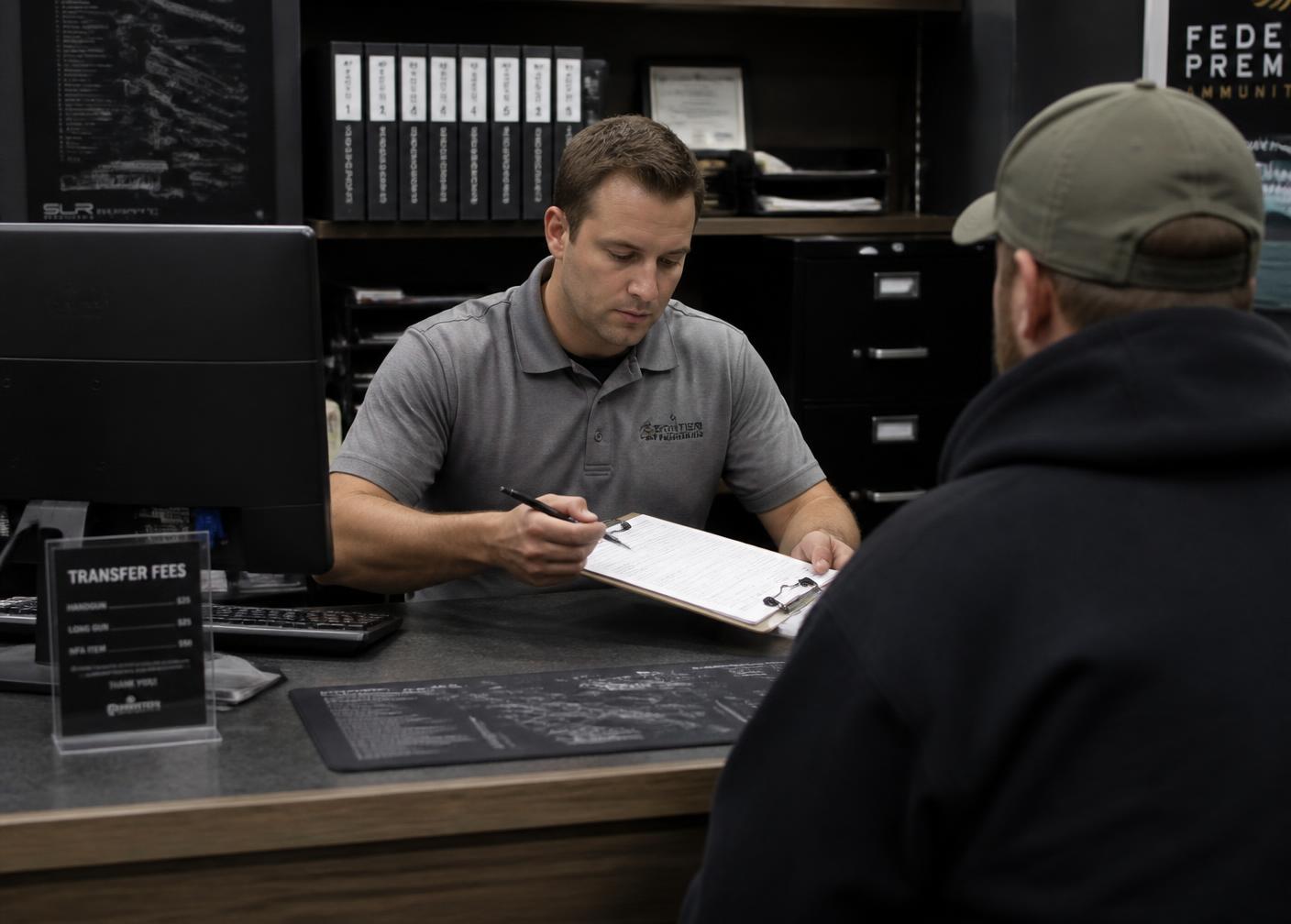 FFL dealer completing transfer paperwork at the counter with a customer