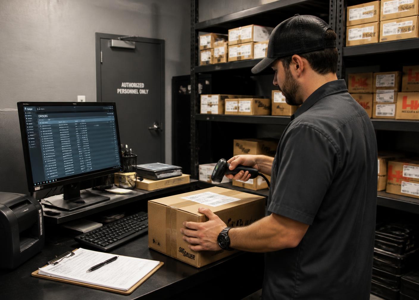 Employee scanning an outbound package next to an order screen in a gun store stockroom