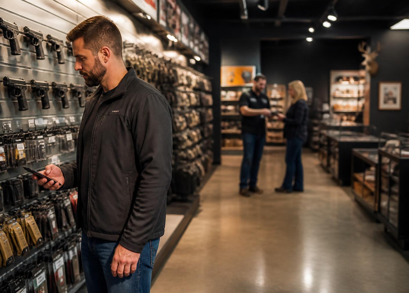 Customer comparing products on a phone while browsing a modern gun store aisle