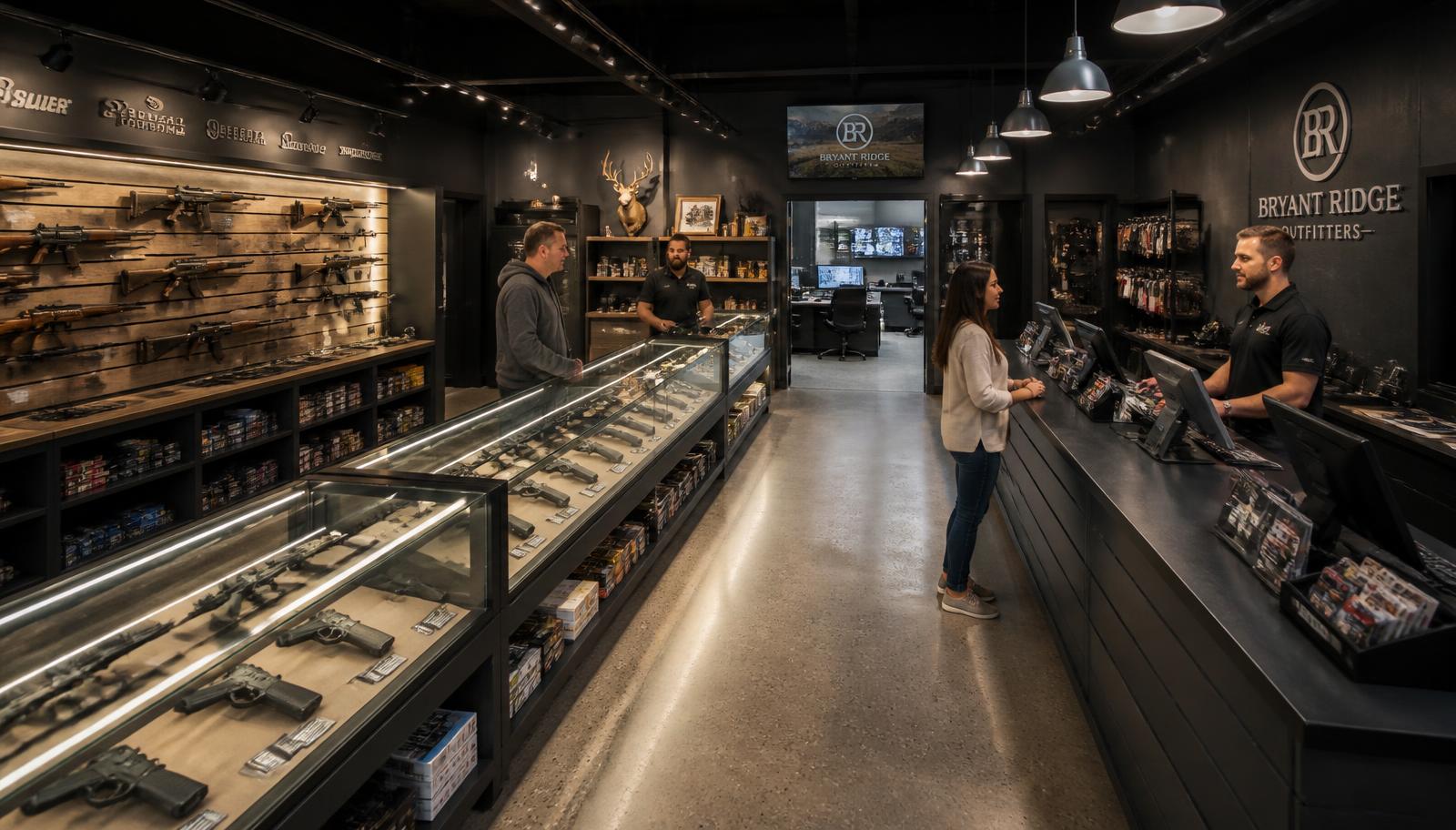 Wide view of a modern gun store with counter, display cases and back office in one frame
