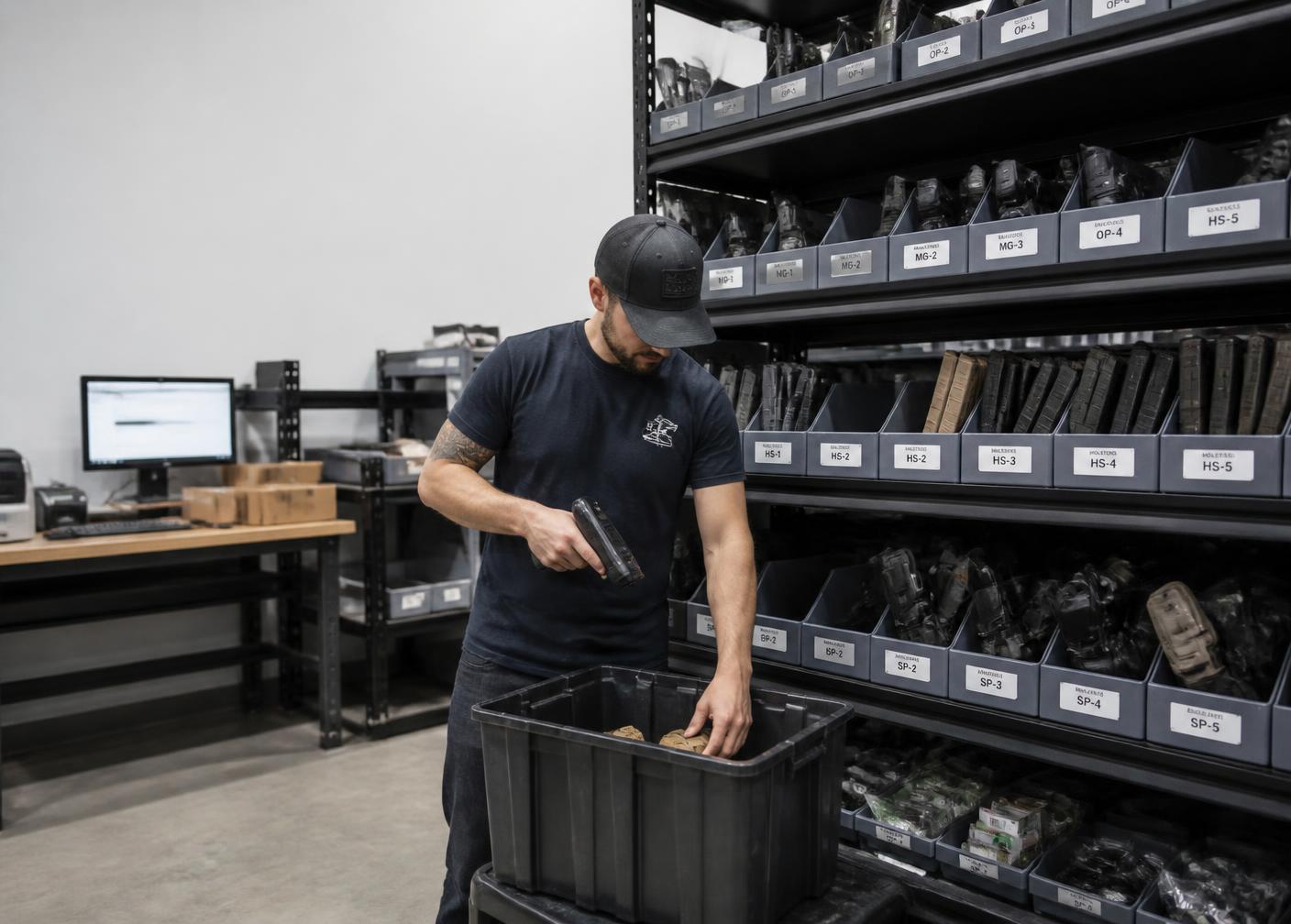 Warehouse staff picking firearm parts and accessories from labeled shelving