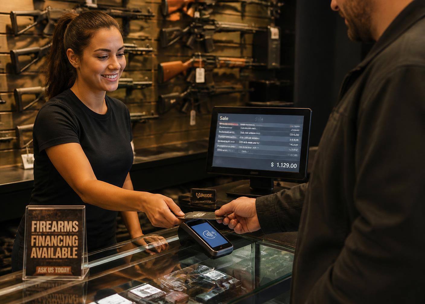 Store employee completing a card-present sale on a payment terminal at the counter