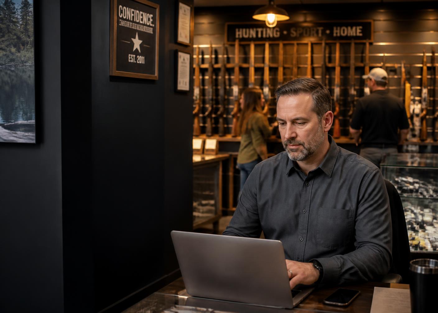 Gun store owner reviewing customer records on a laptop while customers browse the store