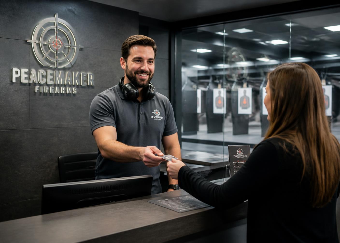 Range staff checking in members at the front desk of an indoor shooting range