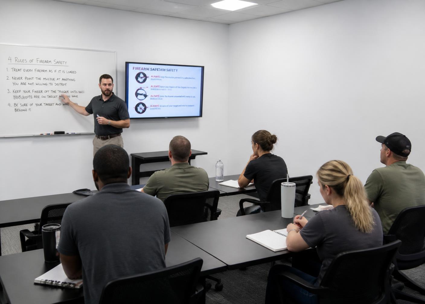 Instructor teaching a firearm safety class in a modern classroom